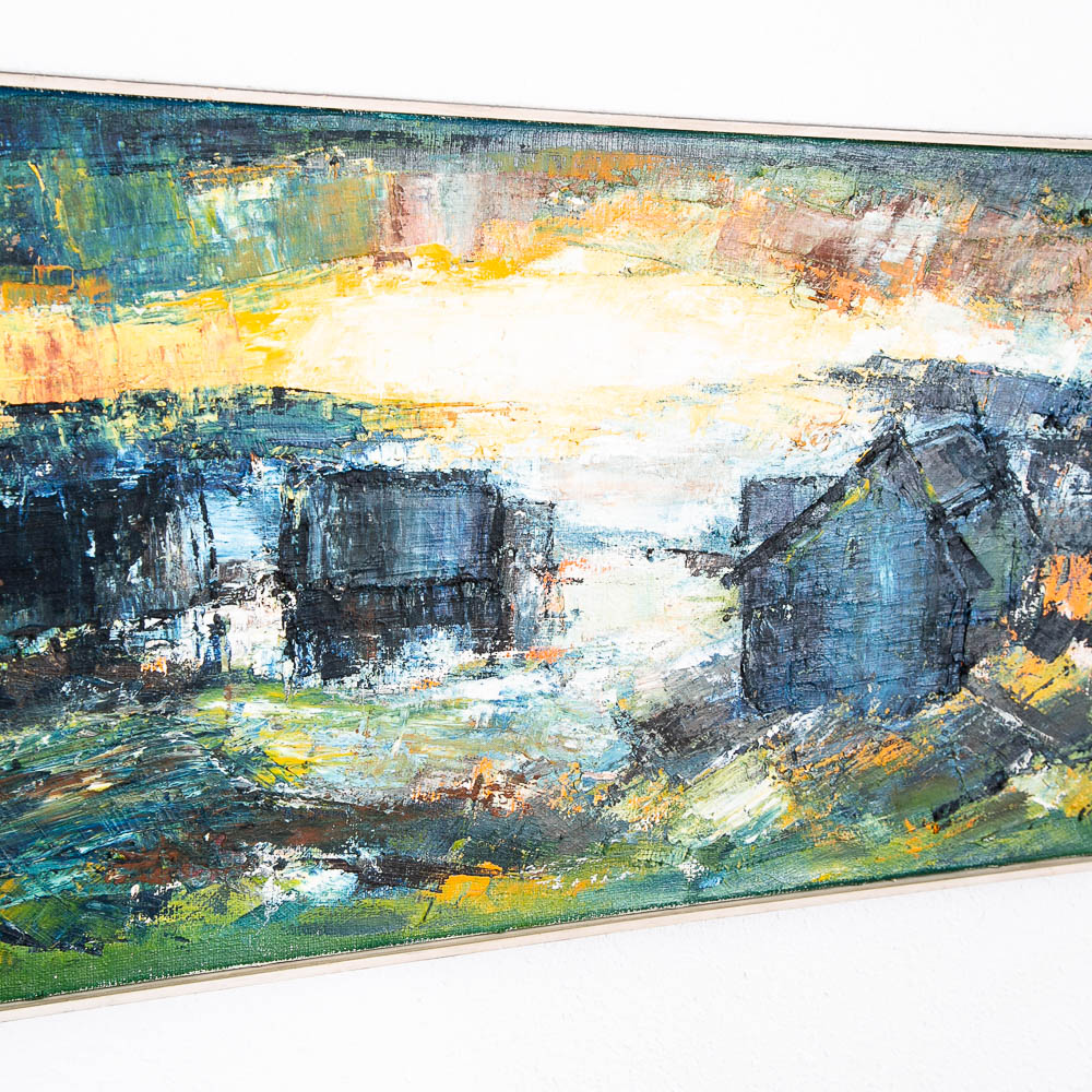 Mid Century Modern Landscape Painting Art Abstract Blues Black White Yellow Mcm - Image 5