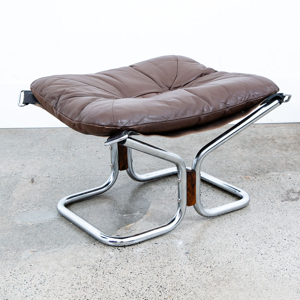 Mid Century Modern Ottoman Foot Stool Brown Leather Relling Rosewood Chrome Mcm - Image 3