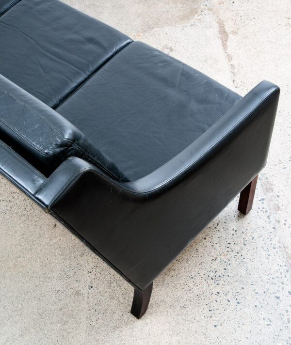 Mid Century Danish Modern Leather Sofa Couch 4 Seat Black Vintage Rosewood Legs - Image 8