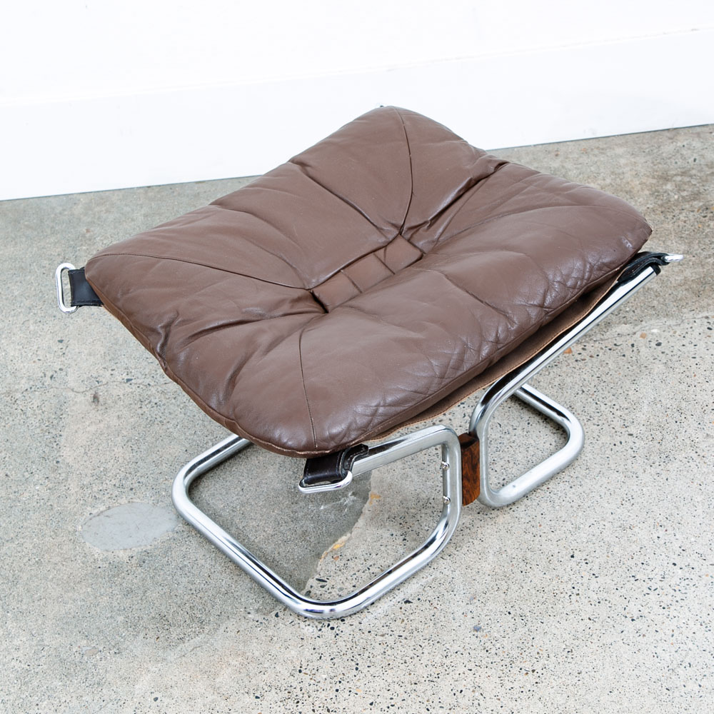 Mid Century Modern Ottoman Foot Stool Brown Leather Relling Rosewood Chrome Mcm - Image 12