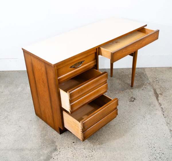 Mid Century Modern Desk American Martinsville Drexel Bleached Walnut 4 Drawer - Image 4