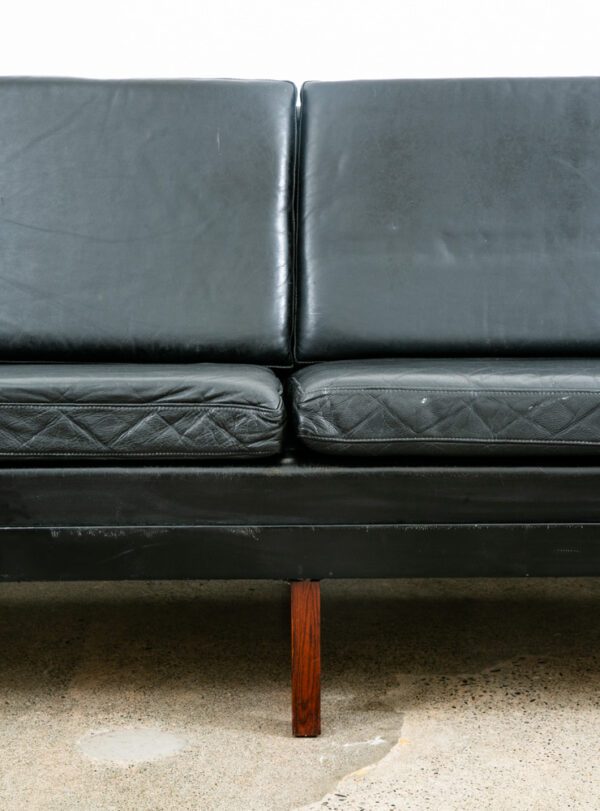 Mid Century Danish Modern Leather Sofa Couch 4 Seat Black Vintage Rosewood Legs - Image 7