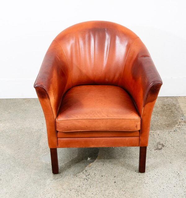 Mid Century Modern Lounge Chairs Worn Leather Brown Cognac Tan Pair Set Arms Mcm - Image 4