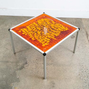 Mid Century Modern Side Table End Orange Yellow Square Mcm Metal Acid Etched 70s