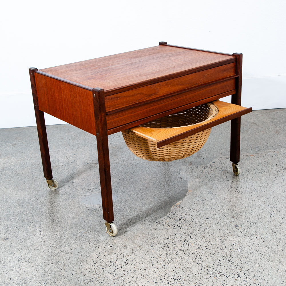 Mid Century Danish Modern Sewing Table Cabinet Rolling Cart Denmark Teak Basket