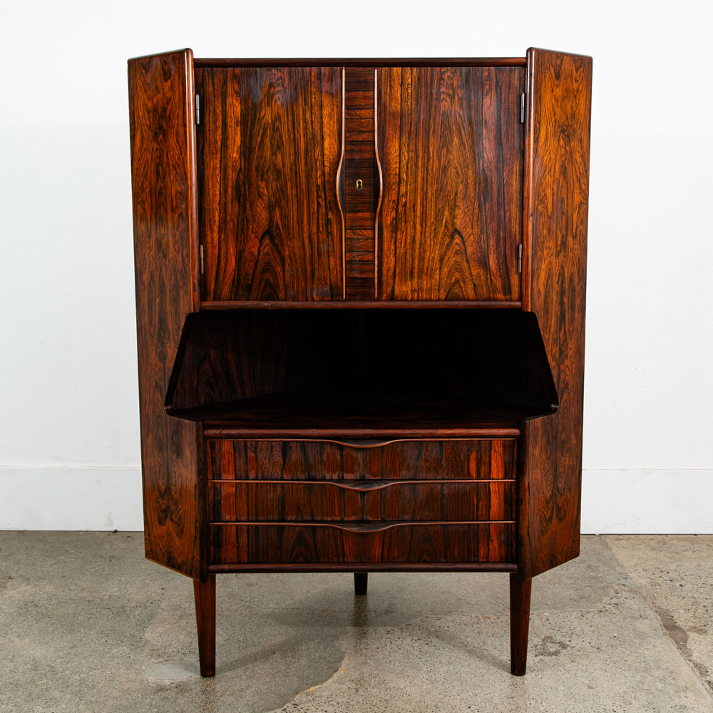 Mid Century Danish Modern Corner Cabinet Rosewood Bar Denmark Drawers Locking VG