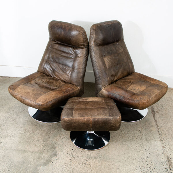 Mid Century Modern Lounge Chairs Swivel Brown Leather Chrome Italian Set Danish - Image 2