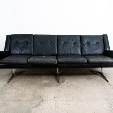 Mid Century Danish Modern Leather Sofa Couch 4 Seater Black Metal Frame 87" Mcm