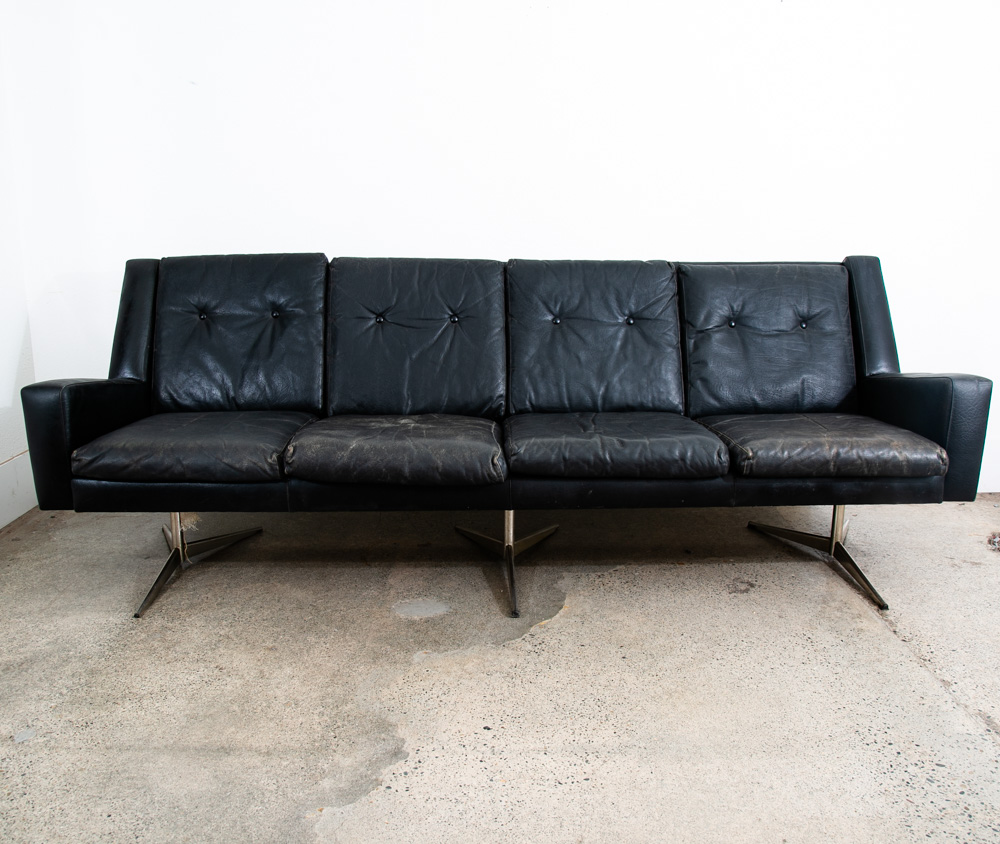 Mid Century Danish Modern Leather Sofa Couch 4 Seater Black Metal Frame 87" Mcm