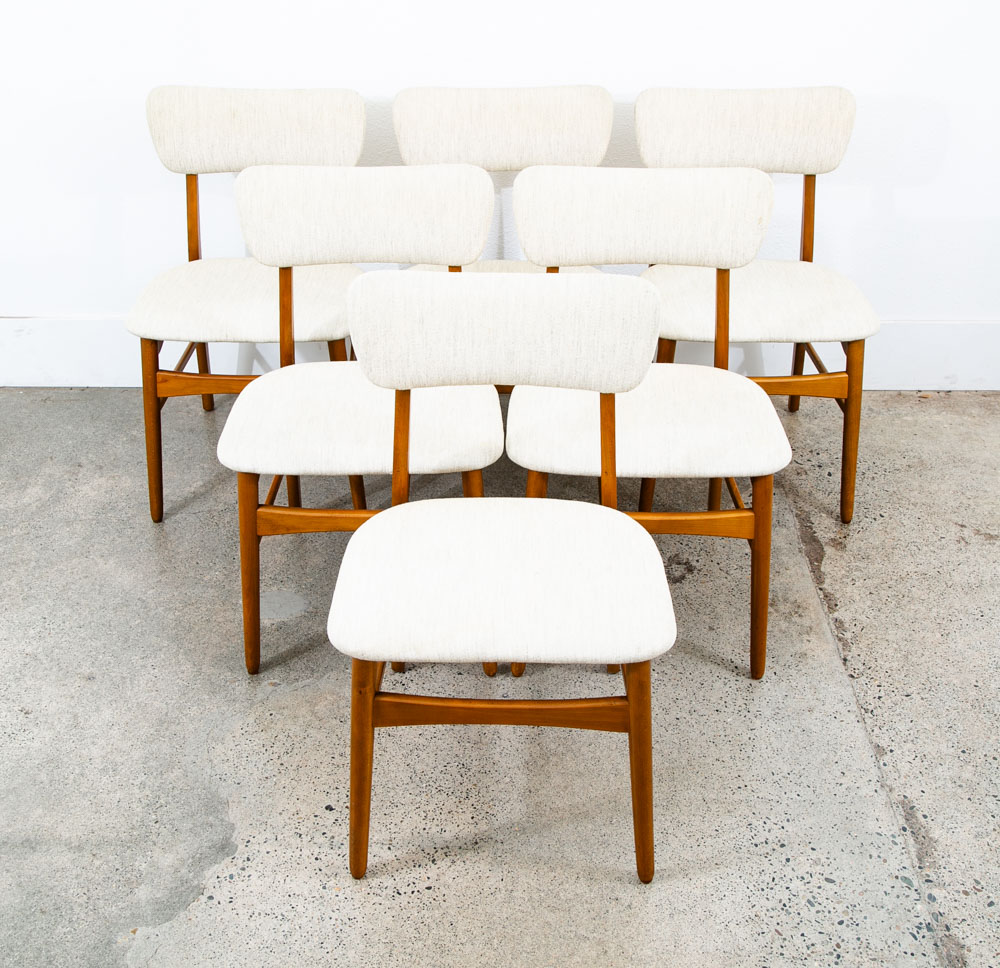 Mid Century Danish Modern Dining Chairs Set 6 White Tweed Wool Mcm High Back Mcm