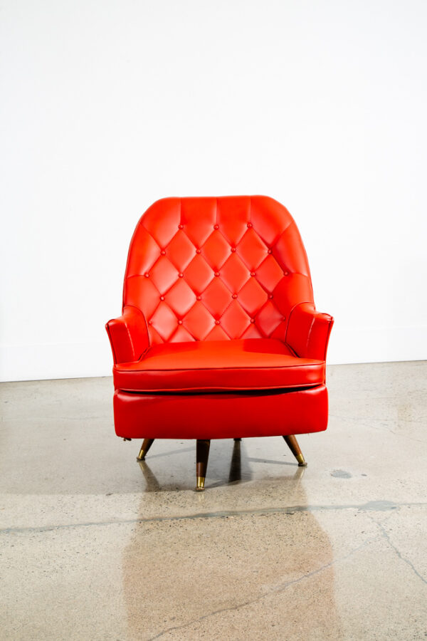 Mid Century Danish Modern Lounge Chair Tufted Orange Swivel Wood Base Vintage - Image 2
