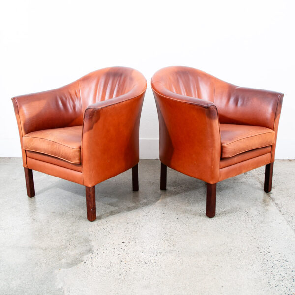 Mid Century Modern Lounge Chairs Worn Leather Brown Cognac Tan Pair Set Arms Mcm