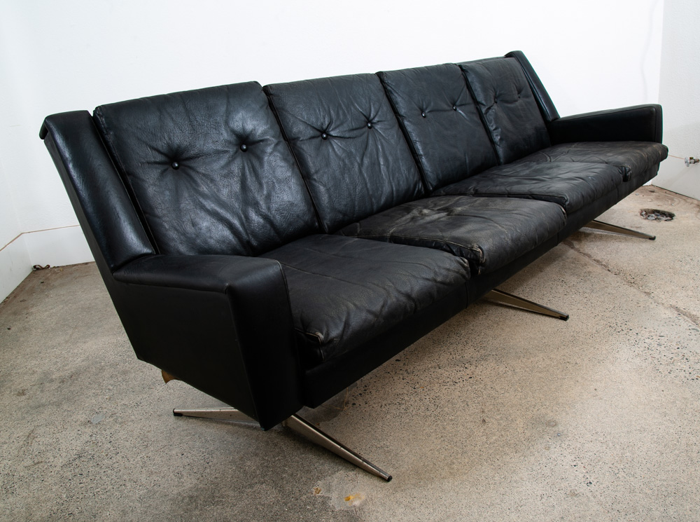 Mid Century Danish Modern Leather Sofa Couch 4 Seater Black Metal Frame 87" Mcm - Image 5
