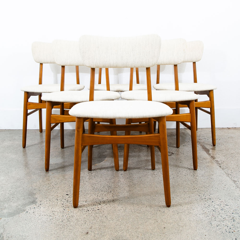 Mid Century Danish Modern Dining Chairs Set 6 White Tweed Wool Mcm High Back Mcm - Image 2