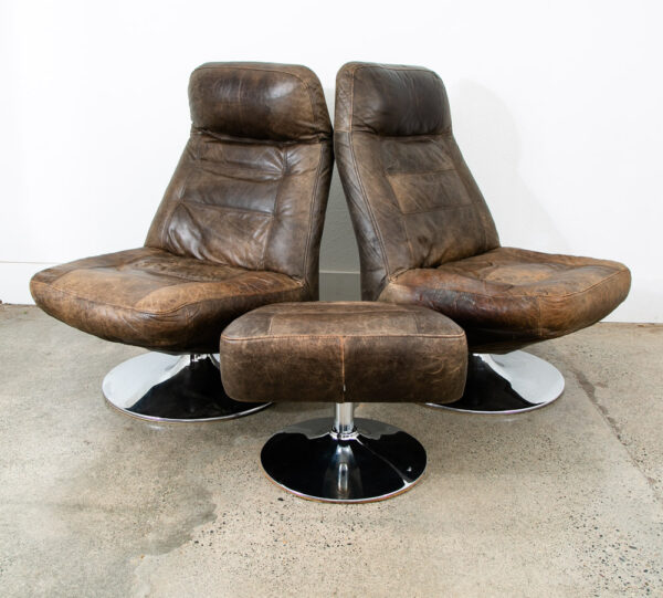 Mid Century Modern Lounge Chairs Swivel Brown Leather Chrome Italian Set Danish - Image 7