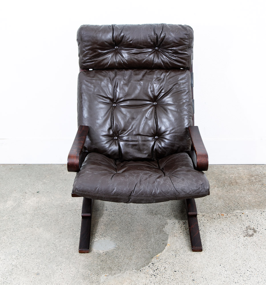 Mid Century Danish Modern Lounge Chair Brown Leather Bentwood Vintage Highback - Image 4