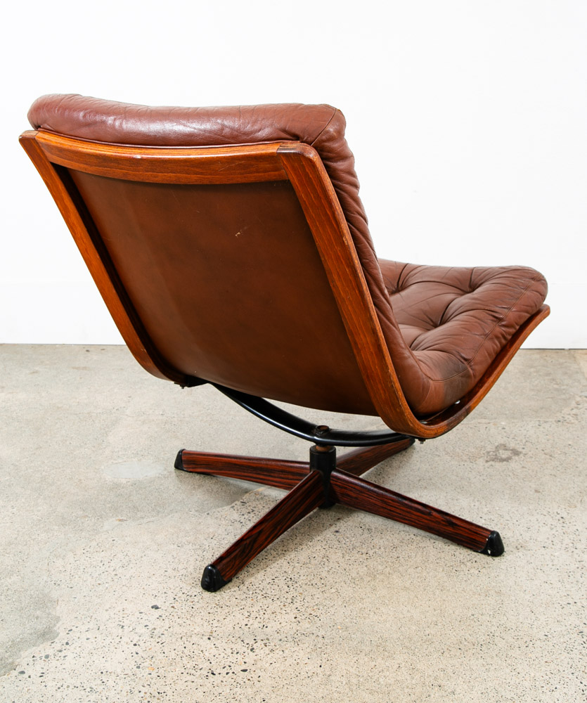 Mid Century Danish Modern Lounge Chair Swivel Brown Leather Tufted G Mobel Mcm - Image 5