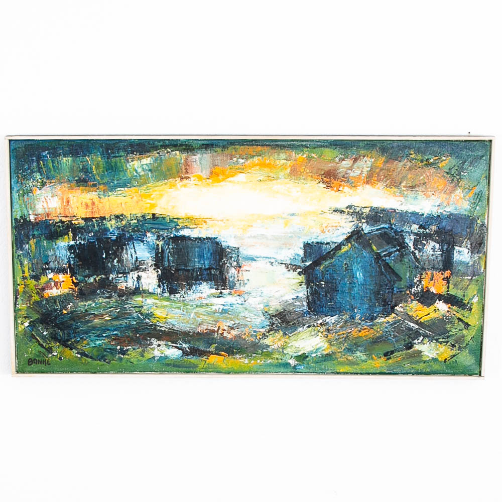 Mid Century Modern Landscape Painting Art Abstract Blues Black White Yellow Mcm - Image 8