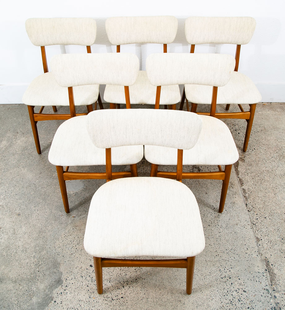 Mid Century Danish Modern Dining Chairs Set 6 White Tweed Wool Mcm High Back Mcm - Image 3
