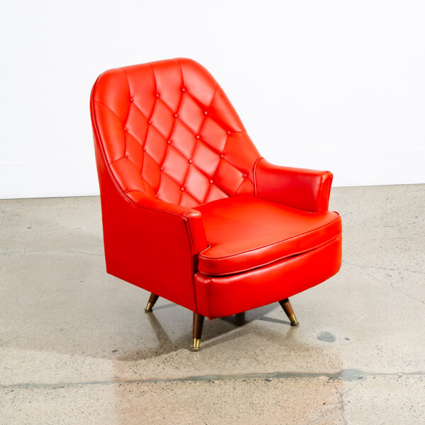 Mid Century Danish Modern Lounge Chair Tufted Orange Swivel Wood Base Vintage