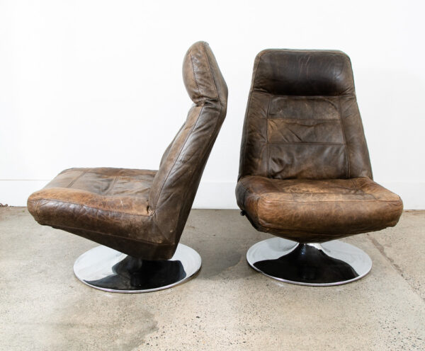 Mid Century Modern Lounge Chairs Swivel Brown Leather Chrome Italian Set Danish - Image 6