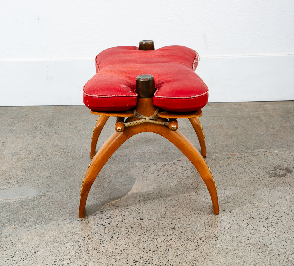 Mid Century Danish Modern Stool Seat Saddle Chair Ottoman Red Leather Vintage - Image 3