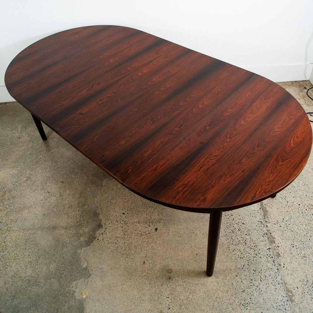 Mid Century Danish Modern Dining Table Round Oval Rosewood Extension Leaf x2 Denmark Refinished