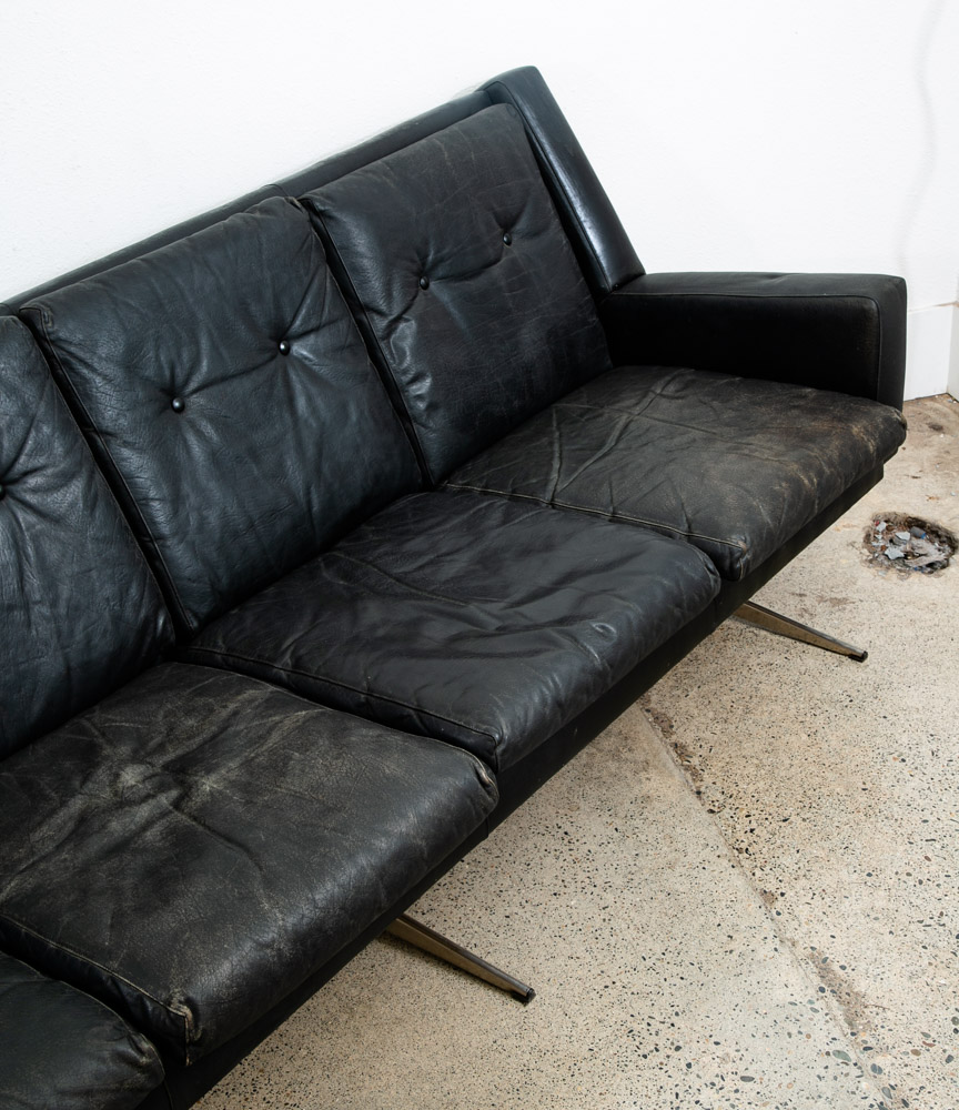 Mid Century Danish Modern Leather Sofa Couch 4 Seater Black Metal Frame 87" Mcm - Image 7