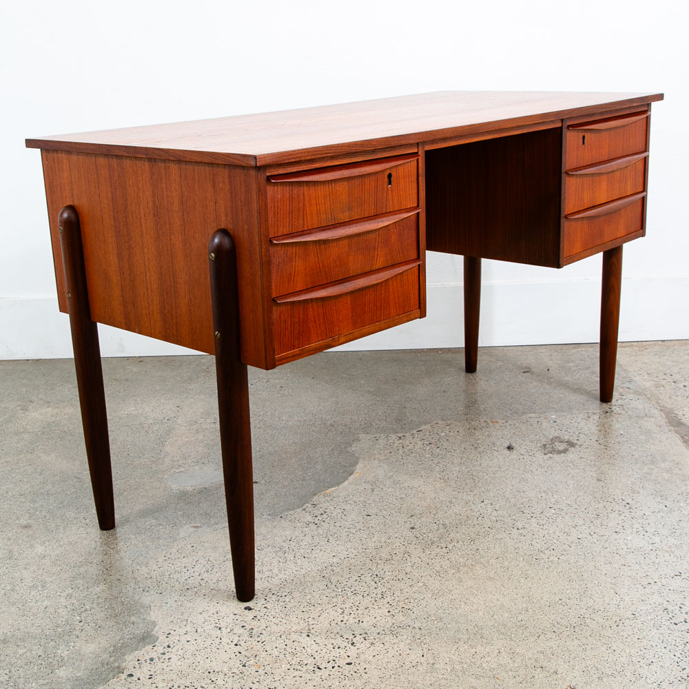 Mid Century Danish Modern Desk Executive Teak 6 Drawer Bookshelf Floating Shelf