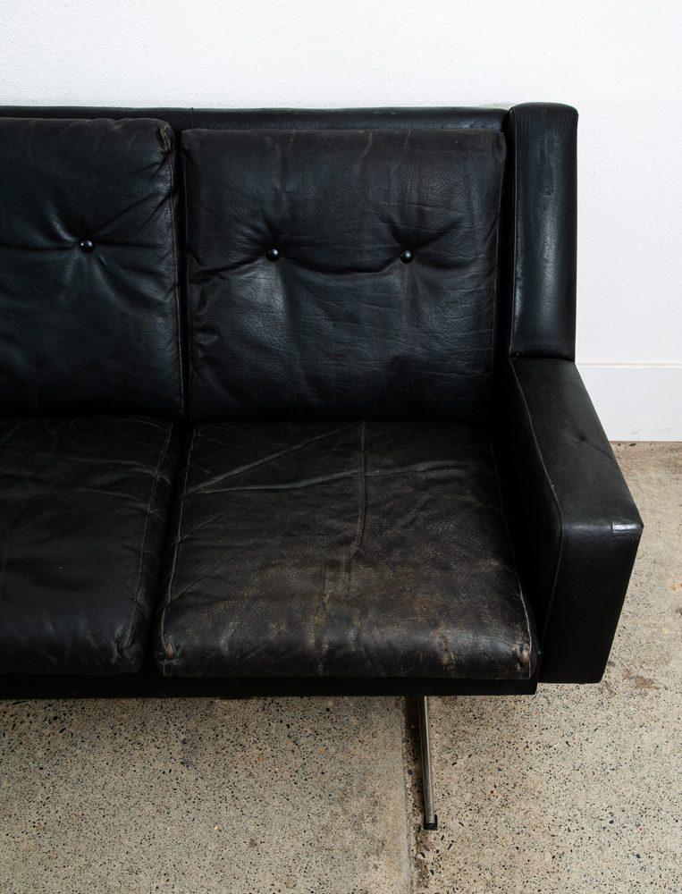 Mid Century Danish Modern Leather Sofa Couch 4 Seater Black Metal Frame 87" Mcm - Image 8