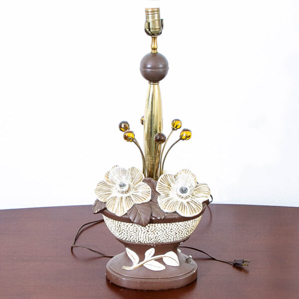 Mid Century Modern Table Lamp Ceramic Floral Studio Designed Brown White Mcm - Image 5