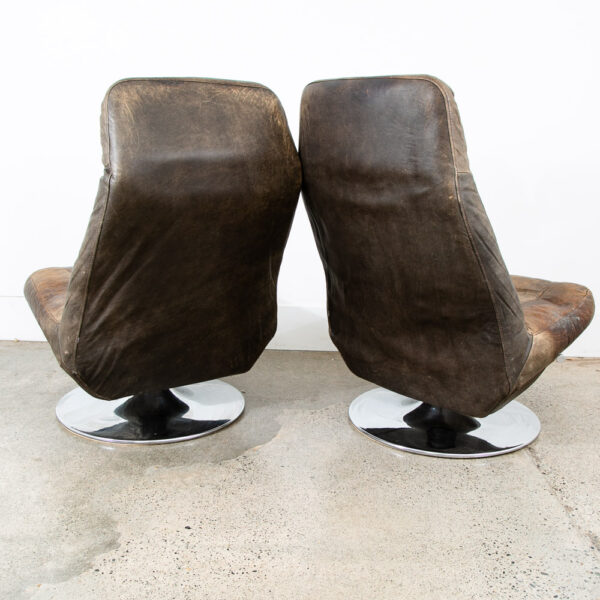 Mid Century Modern Lounge Chairs Swivel Brown Leather Chrome Italian Set Danish - Image 5