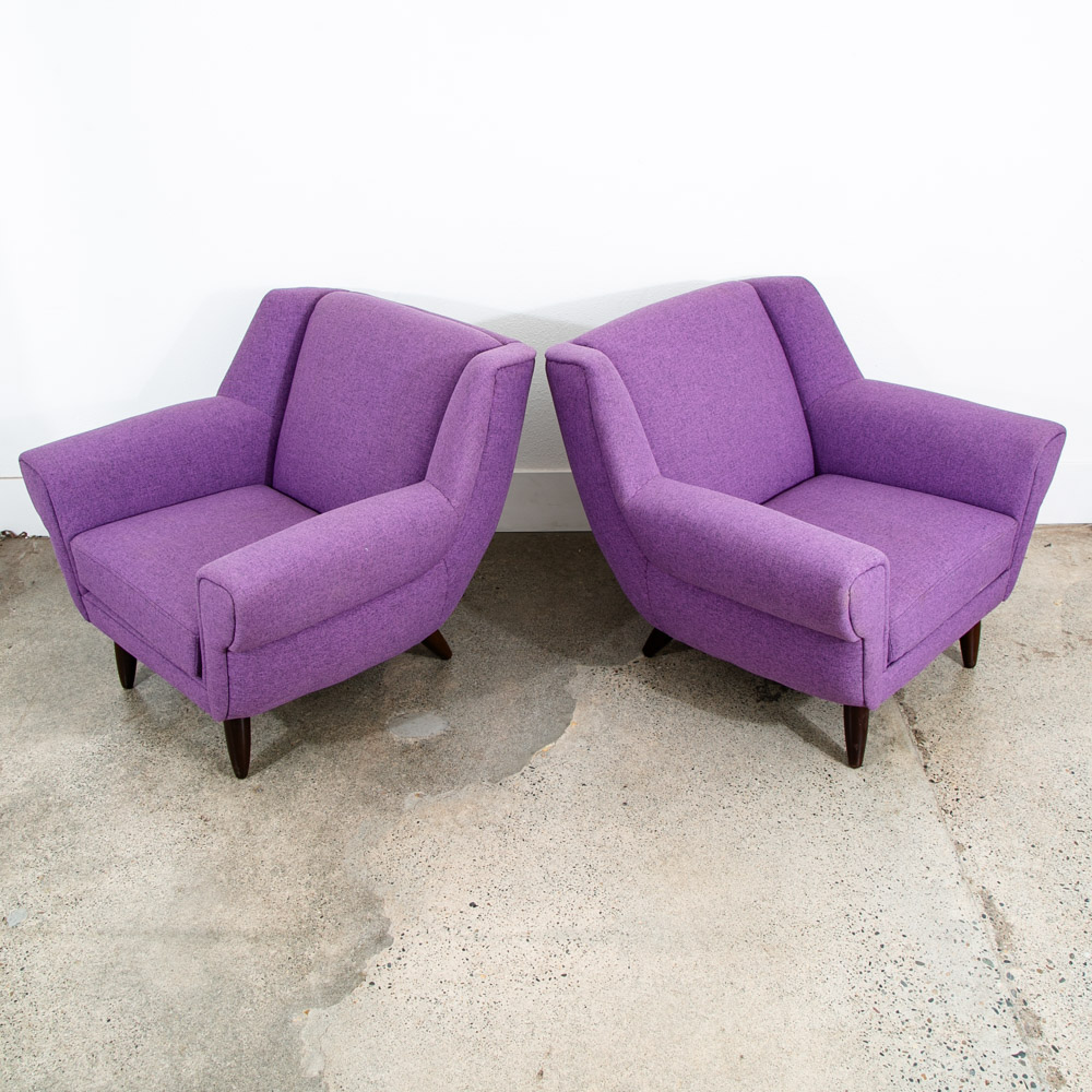 Mid Century Modern Lounge Chairs Purple Armchairs Tweed Pair 2 Vintage Denmark