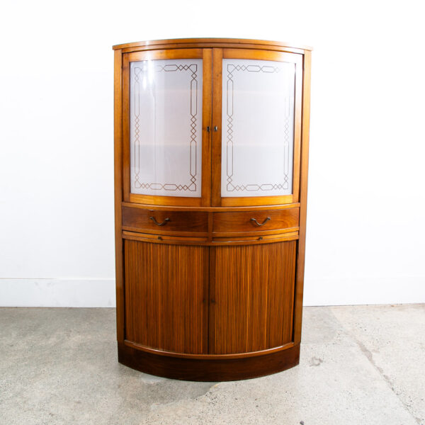 Mid Century Danish Corner Cabinet Bar Liquor Teak Glass Round Locking Denmark