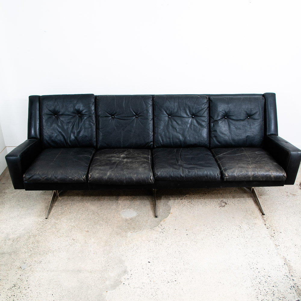Mid Century Danish Modern Leather Sofa Couch 4 Seater Black Metal Frame 87" Mcm - Image 3