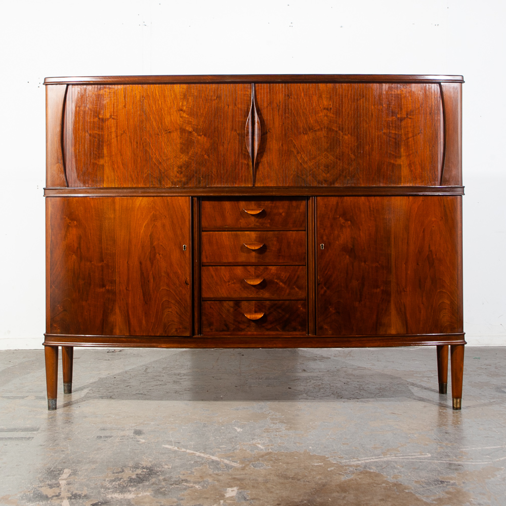 Mid Century Danish Modern Credenza Highboard Server Hutch Walnut Tambour Doors