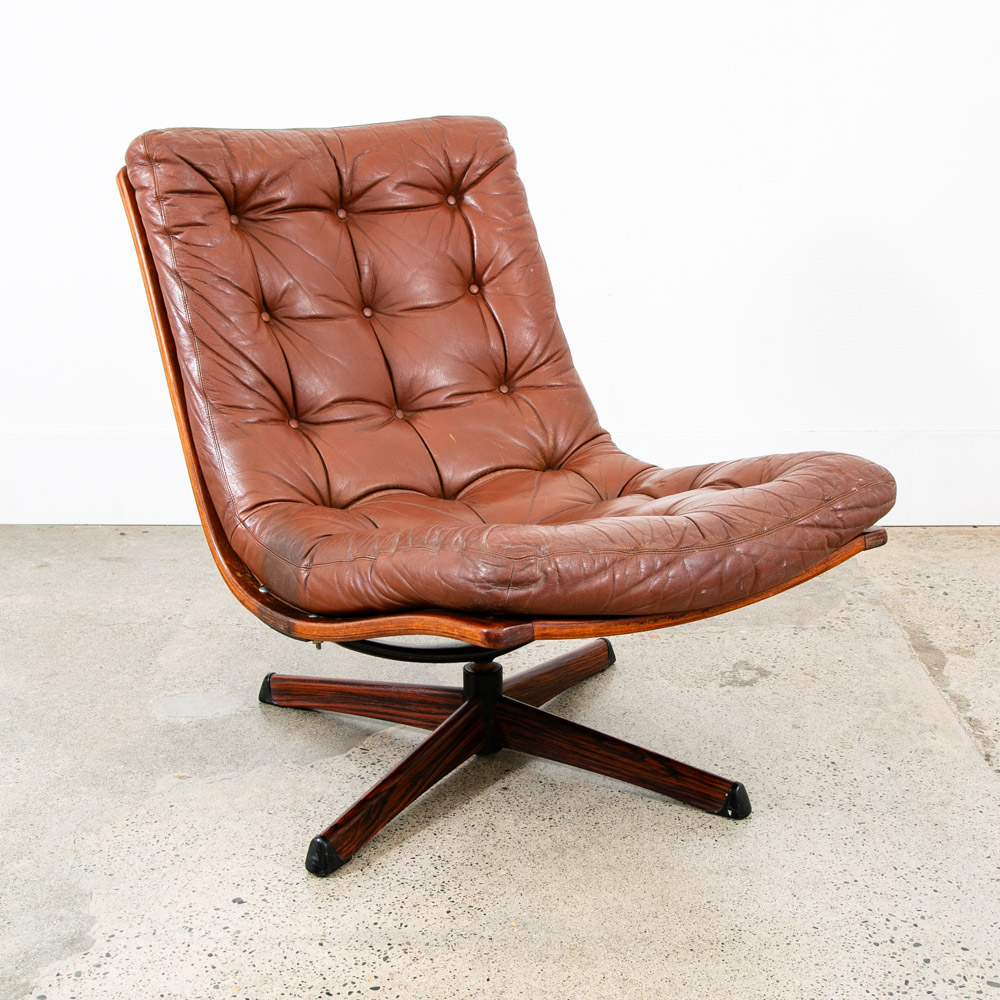 Mid Century Danish Modern Lounge Chair Swivel Brown Leather Tufted G Mobel Mcm