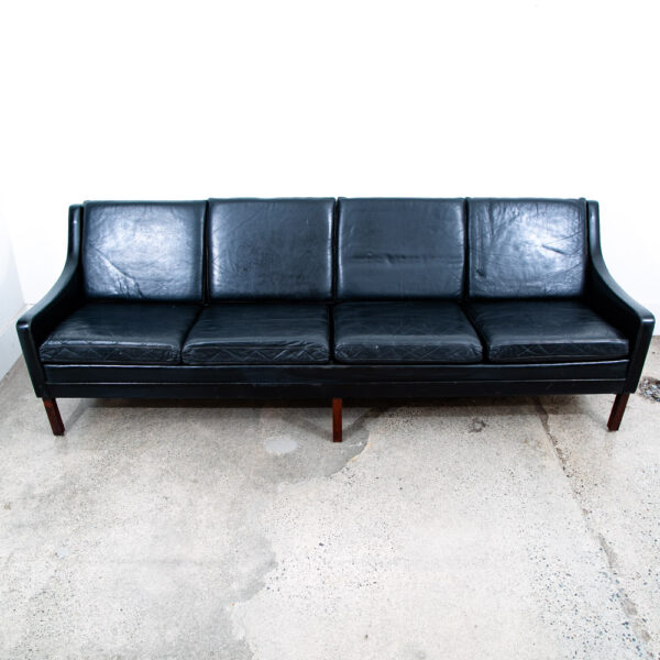Mid Century Danish Modern Leather Sofa Couch 4 Seat Black Vintage Rosewood Legs - Image 4