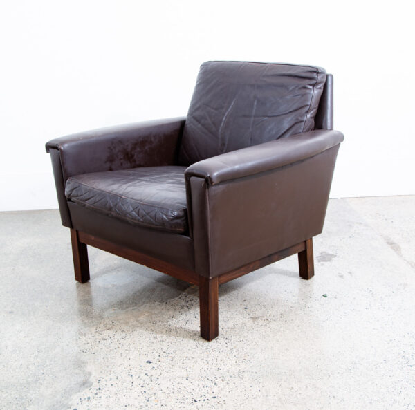 Mid Century Danish Modern Lounge Chair Brown Leather Armchair Denmark Wood Frame
