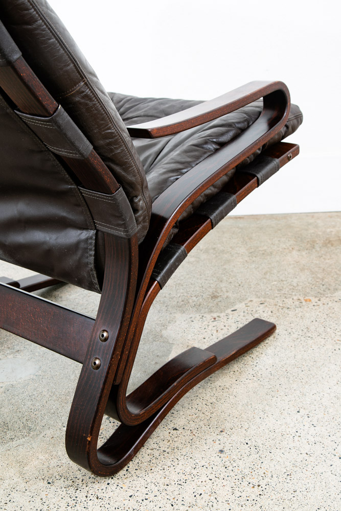 Mid Century Danish Modern Lounge Chair Brown Leather Bentwood Vintage Highback - Image 8