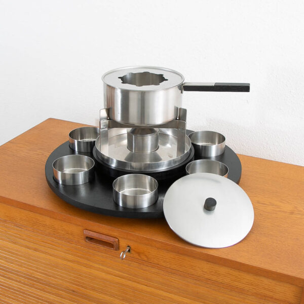 Mid Century Danish Modern Arne Jakobsen Fondue Ebony Lazy Susan Set Stainless Steel - Image 4