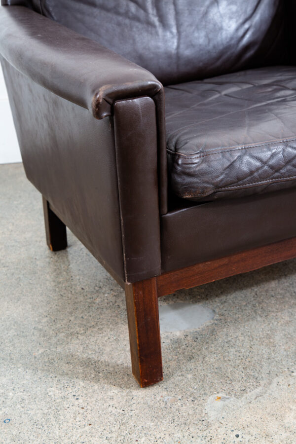 Mid Century Danish Modern Lounge Chair Brown Leather Armchair Denmark Wood Frame - Image 10