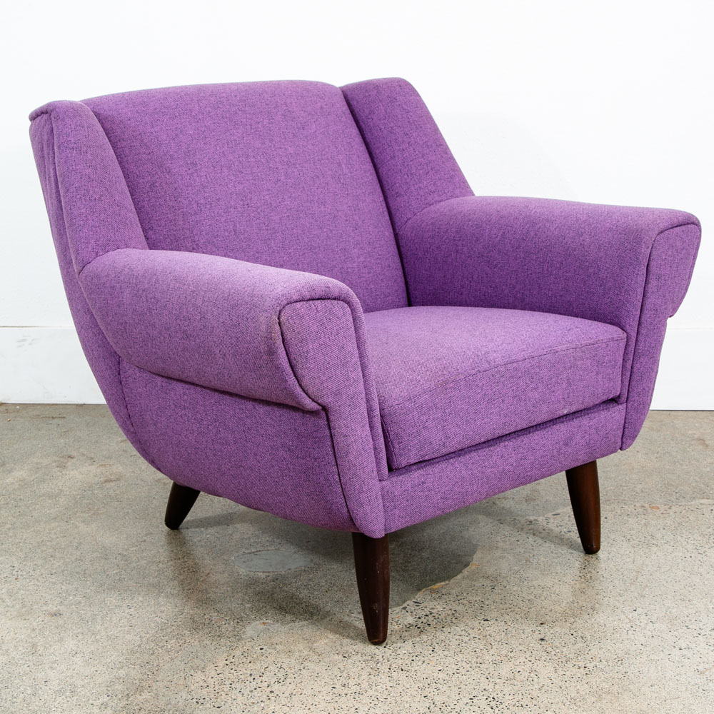 Mid Century Modern Lounge Chairs Purple Armchairs Tweed Pair 2 Vintage Denmark - Image 5