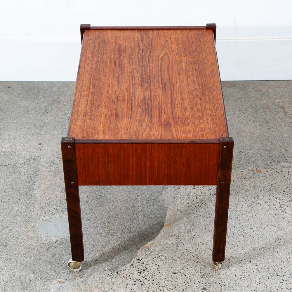 Mid Century Danish Modern Sewing Table Cabinet Rolling Cart Denmark Teak Basket - Image 9