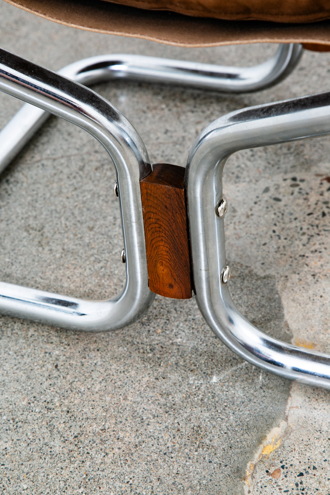 Mid Century Modern Ottoman Foot Stool Brown Leather Relling Rosewood Chrome Mcm - Image 6
