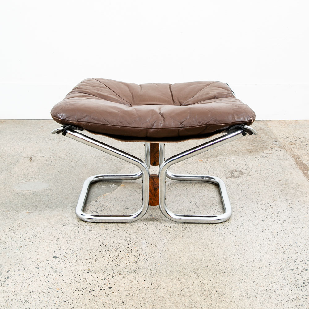 Mid Century Modern Ottoman Foot Stool Brown Leather Relling Rosewood Chrome Mcm - Image 5