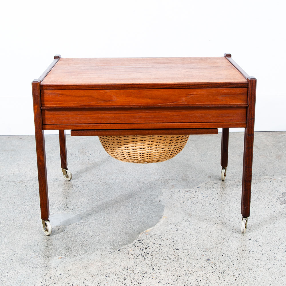Mid Century Danish Modern Sewing Table Cabinet Rolling Cart Denmark Teak Basket - Image 2