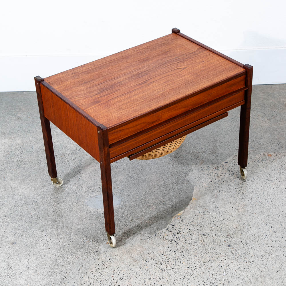 Mid Century Danish Modern Sewing Table Cabinet Rolling Cart Denmark Teak Basket - Image 8