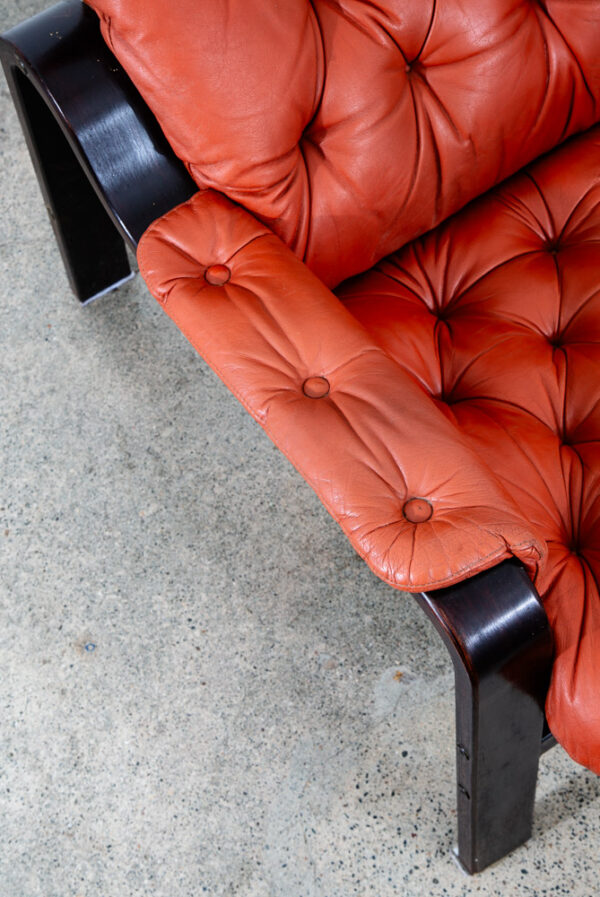 Mid Century Modern Lounge Chairs Leather Orange Cognac Tufted Pair Set Arm Two - Image 9