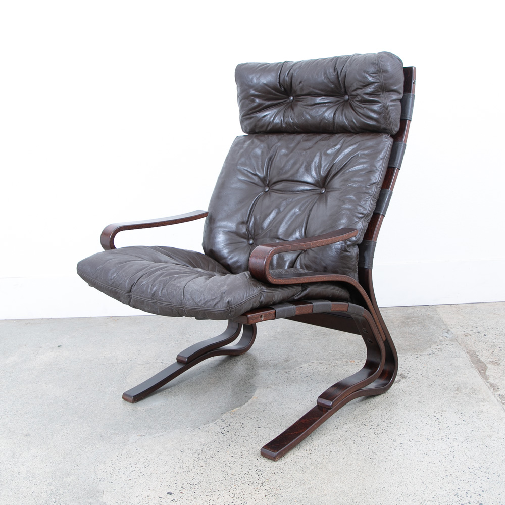 Mid Century Danish Modern Lounge Chair Brown Leather Bentwood Vintage Highback - Image 5